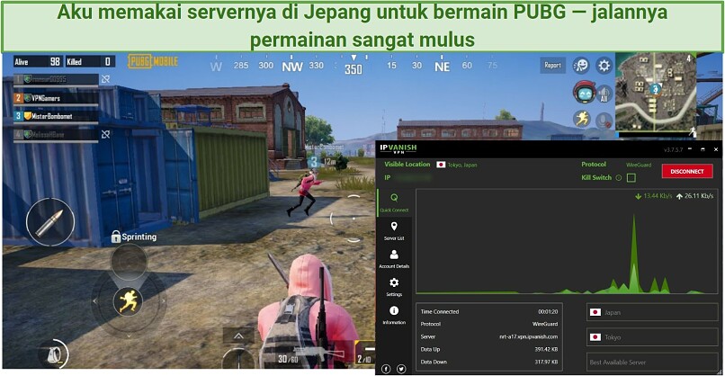 A screenshot of IPVanish working with PUBG Mobile