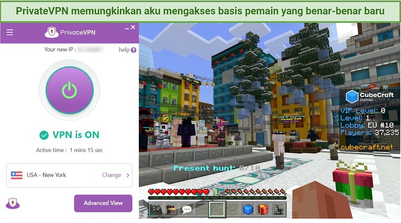 Screenshot of PrivateVPN working with Minecraft