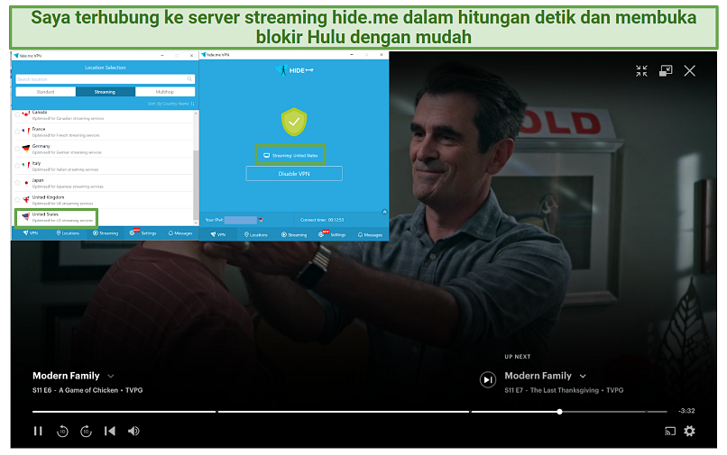 Screenshot of Hideme streaming servers unblocking Hulu