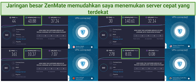 Speed test results using ZenMate connected to 4 different server locations