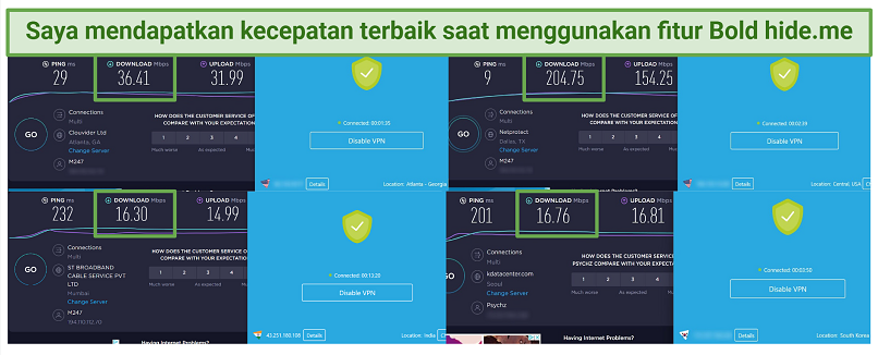 Speed test results using hideme connected to 4 different server locations