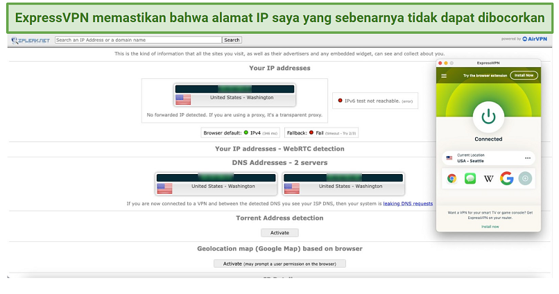 Screenshot showing ExpressVPN leak protection working