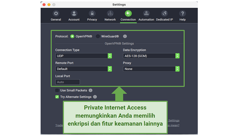 Graphic showing PIA security settings