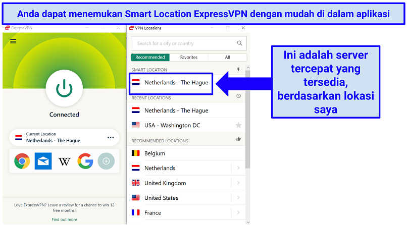 The ExpressVPN app with indication of where to find the Smart Location, for the fastest server available