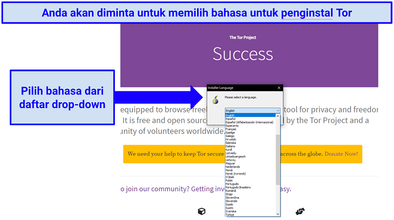 The Tor website prompting a selection of language for the installer tool, with a drop-down list to select from