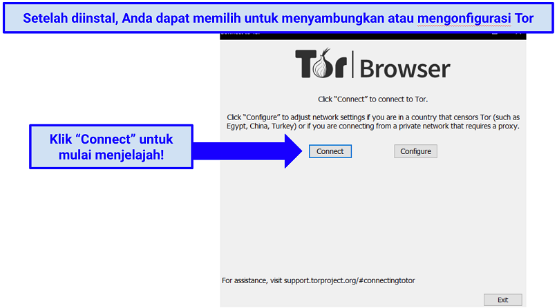 Screenshot of the Tor browser already installed, prompting the user to either connect or configure as the next step