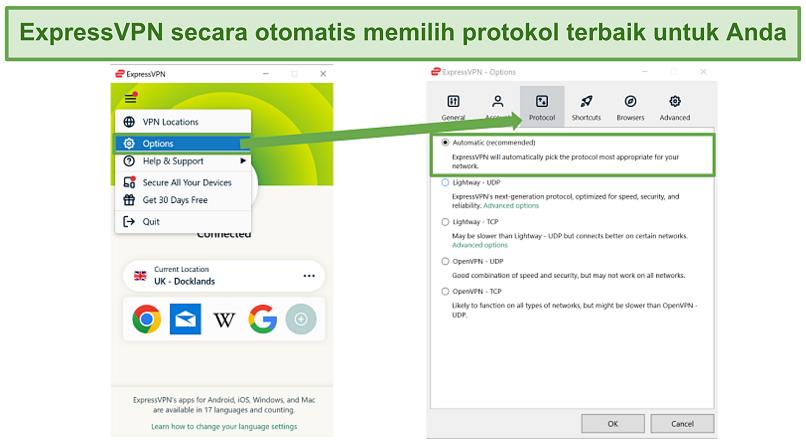 Screenshot showing ExpressVPN's protocol selection menu on Windows