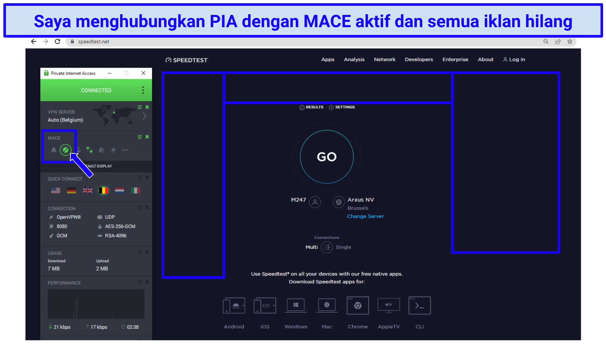 Screenshot showing banner ads gone once Private Internet Access VPN is connected with MACE feature enabled