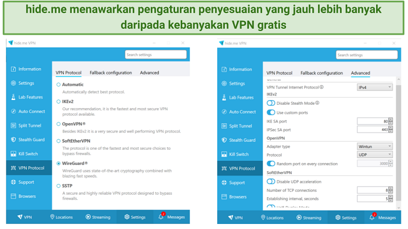 screenshot showing protocols available with hide.me free and all the customization options for each protocol