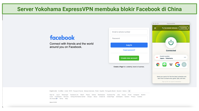 A screenshot showing that ExpressVPN's Yokohoma server unblocks Facebook in China