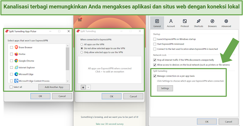 Screenshot of ExpressVPN split tunneling features on Android and Windows apps