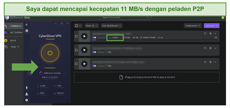 Screenshot of Bit Torrent downloading files while connected to CyberGhost