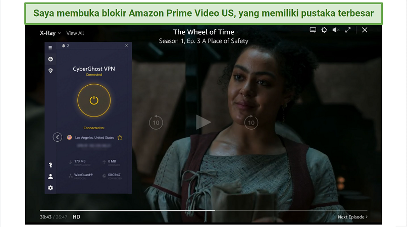 Screenshot of Amazon Prime Video player streaming Wheel of Time while connected to CyberGhost