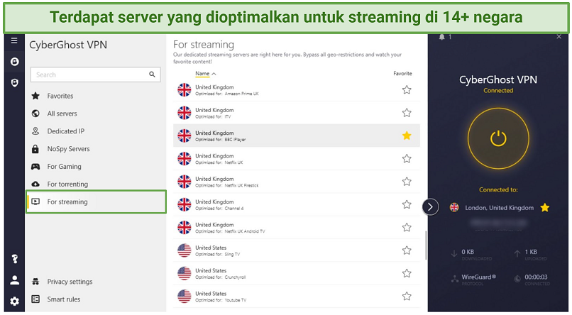 Screenshot of CyberGhost Windows app highlighting the streaming-optimized servers