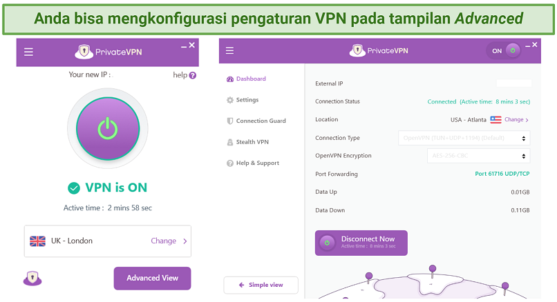 Screenshot showing PrivateVPN's interface