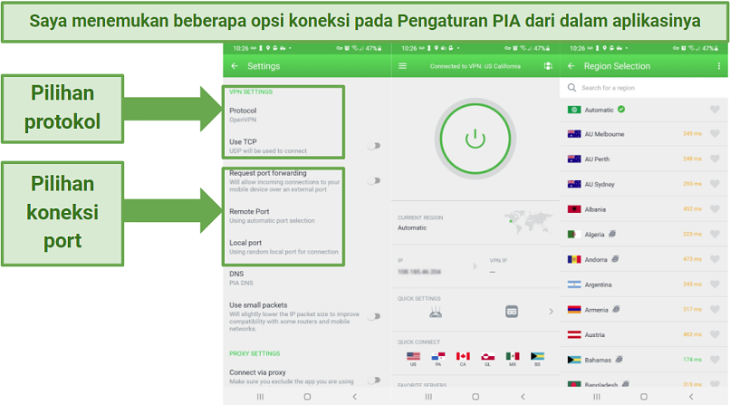 Screenshot showing the PIA Android app, indicating where to change its security settings