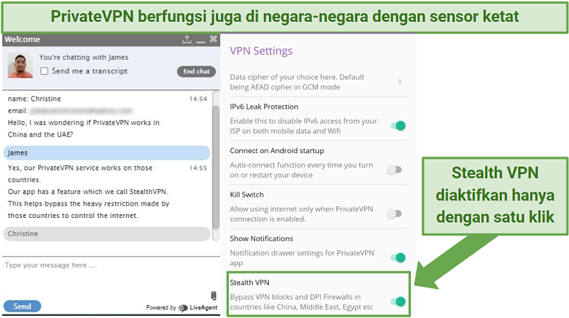 Indication within PrivateVPN's Android app of where to locate Stealth VPN in its settings