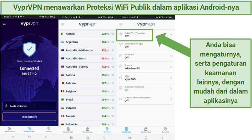 Screenshot of VyprVPN's Android app and where to manage its security settings