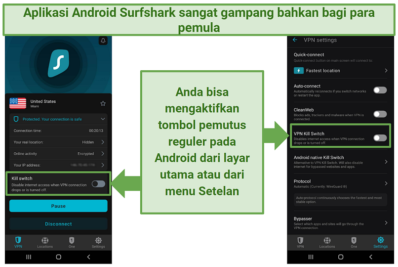 A screenshot of Surfshark's Android app showing the kill switch option on the main screen and in the Settings menu