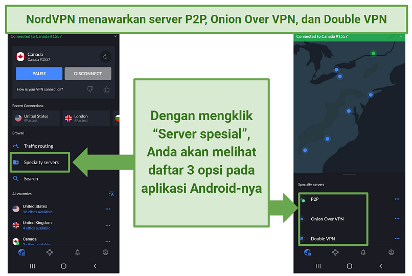 A screenshot of NordVPN's Android app showing the 3 different specialty server options