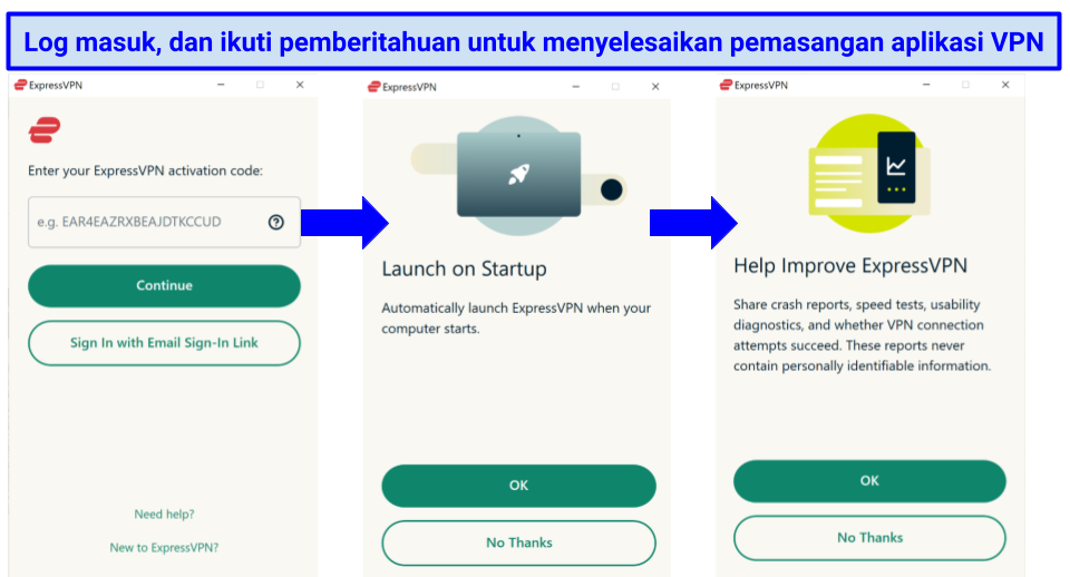 Screenshots of ExpressVPN's set-up prompts