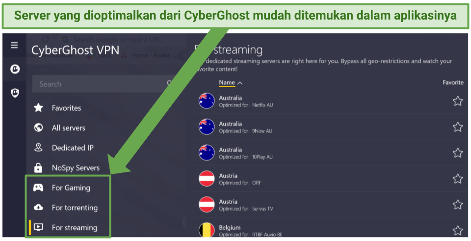 screenshot of CyberGhost's optimized servers in the app