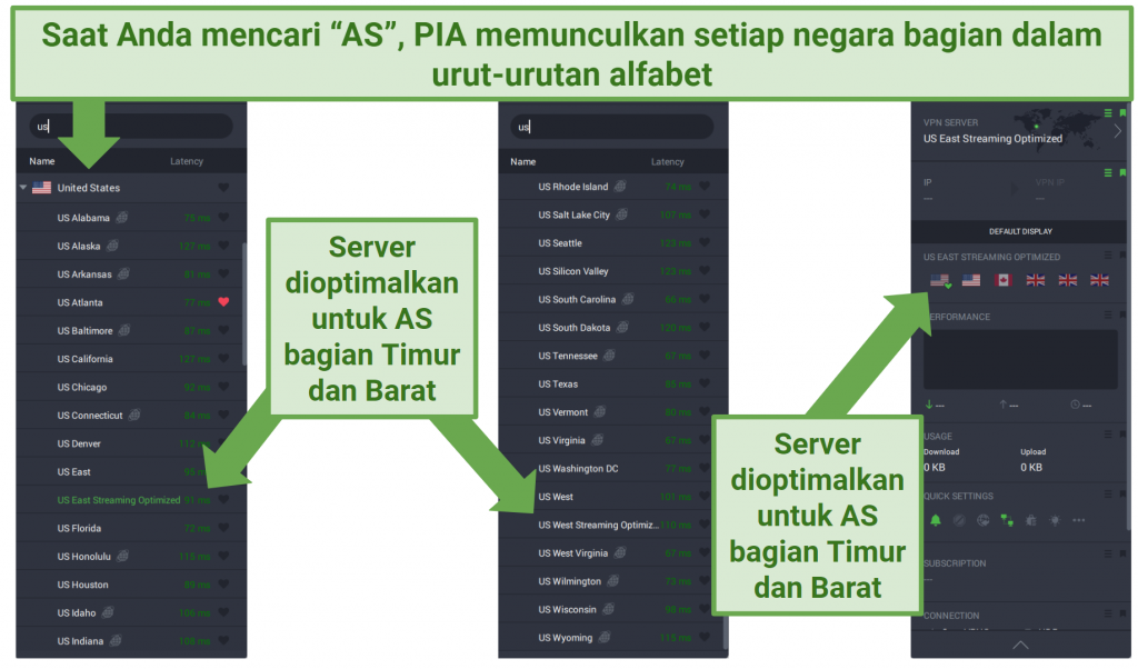 Screenshots of PIA's PC app displaying its US servers