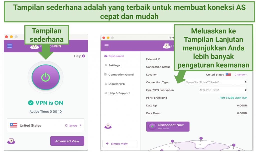 Screenshot showing PrivateVPN's Simple and Advanced views