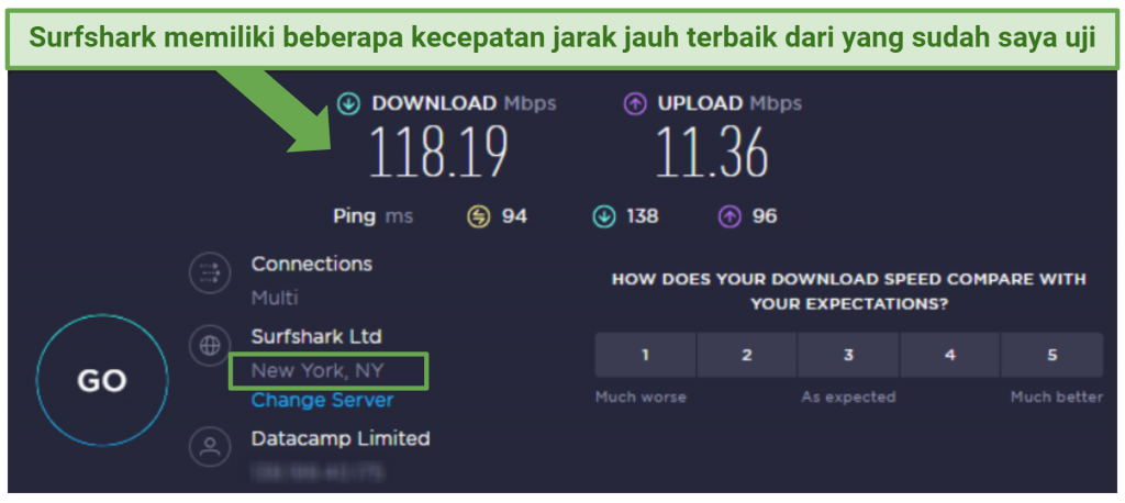 speed test result from Surfshark's New York server