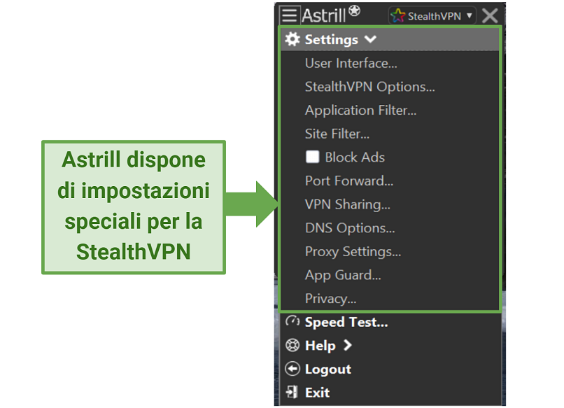 A screenshot showing Astrill's settings for StealthVPN