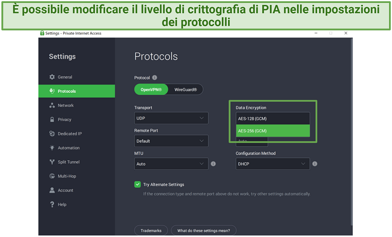 Screenshot of PIA's Windows app showing the protocol settings