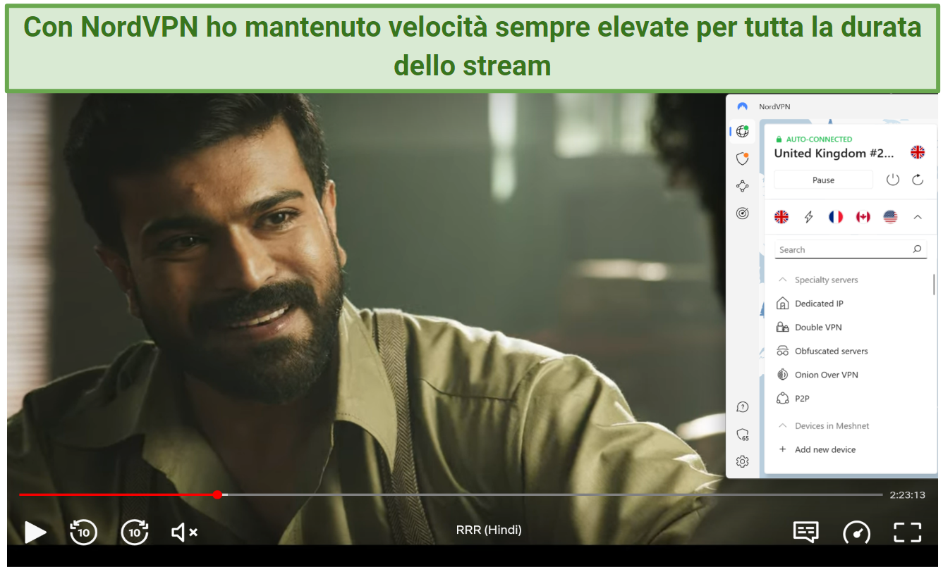 A screenshot of RRR playing on Netflix while connected to one of NordVPN's UK servers