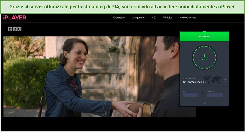 Screenshot of the BBC iPlayer streaming Fleabag with a connected Private Internet Access app