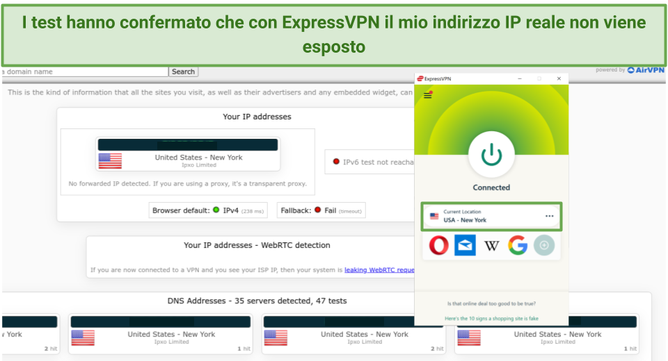 Screenshot of ExpressVPN passing leak tests connected to New York server