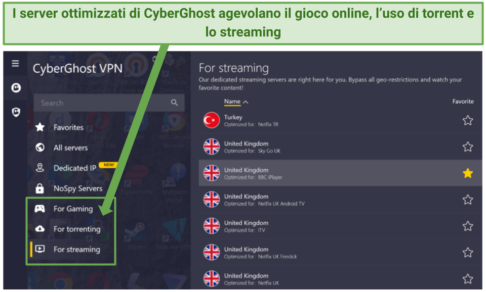 Screenshot of CyberGhost's Windows app showing optimized servers