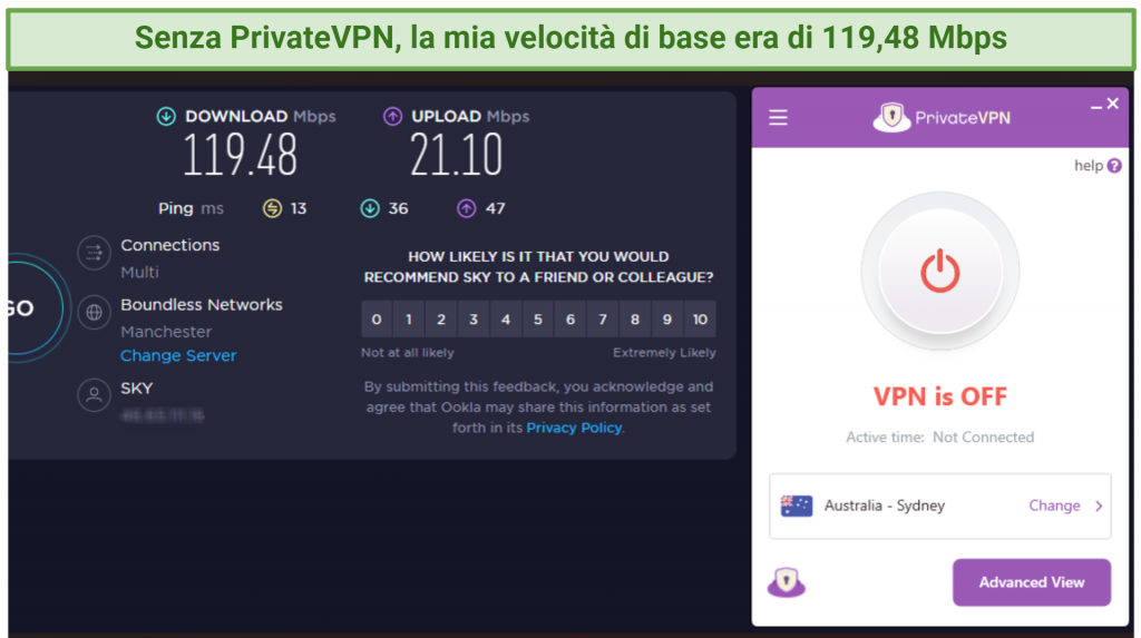 Screenshot showing base speed, with a PrivateVPN app disconnected