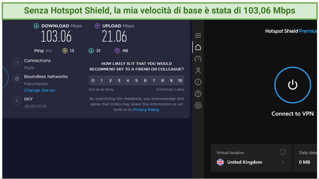 Screenshot showing base speed with Hotspot Shield disconnected