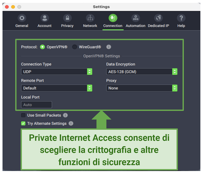 Graphic showing PIA security settings