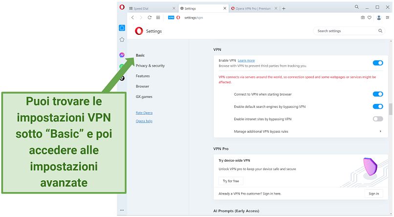 Screenshot showing the VPN setting in Opera VPN Free browser