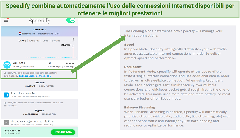 Screenshot showing bonding mode on Speedify's free VPN app