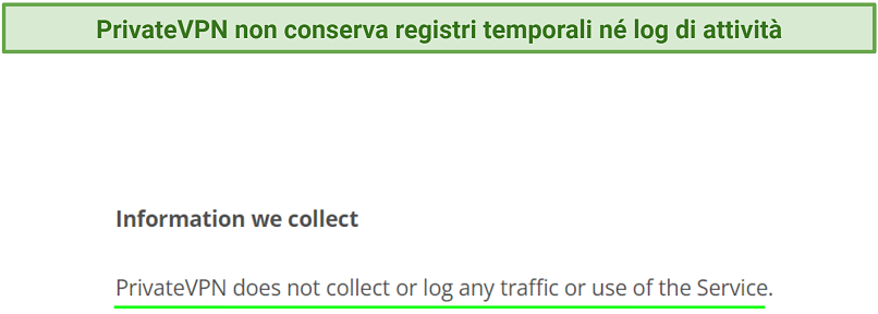Screenshot of PrivateVPN's privacy policy highlighting the information it collects
