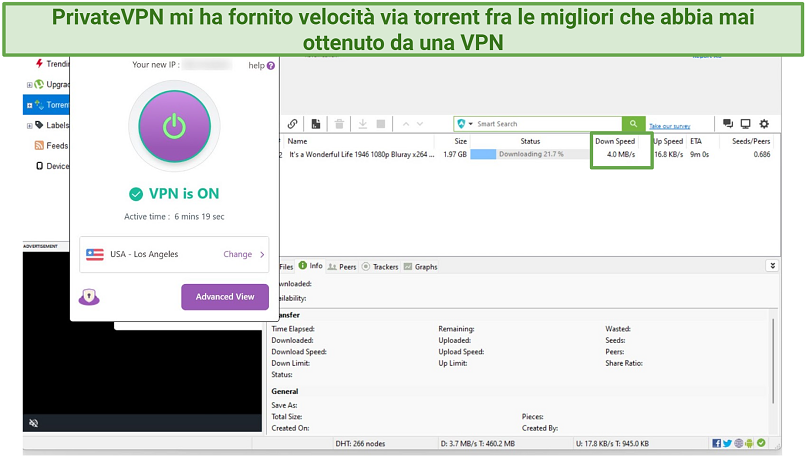 Screenshot of uTorrent downloading It's a Wonderful Life while connected to PrivateVPN