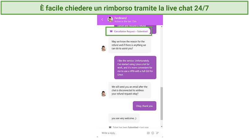 Screenshot of PrivateVPN live chat where I requested a refund