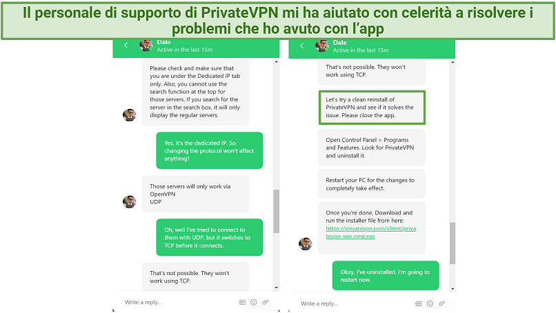 Screenshot of PrivateVPN live chat where the live agent told me to reinstall the app to fix dedicated IPs