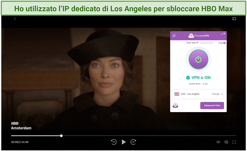 Screenshot of HBO Max player streaming Amsterdam while connected to PrivateVPN