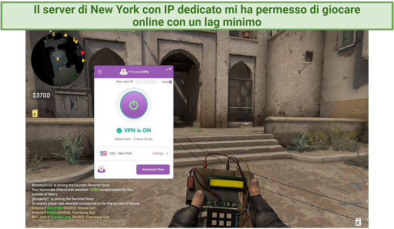 Screenshot of Steam running Counter-Strike Global Offensive while connected to PrivateVPN