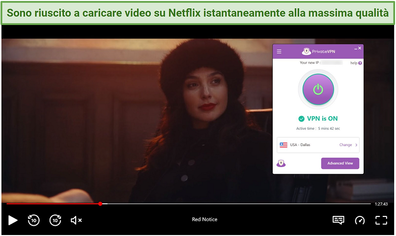 Screenshot of Netflix player streaming Red Notice while connected to PrivateVPN