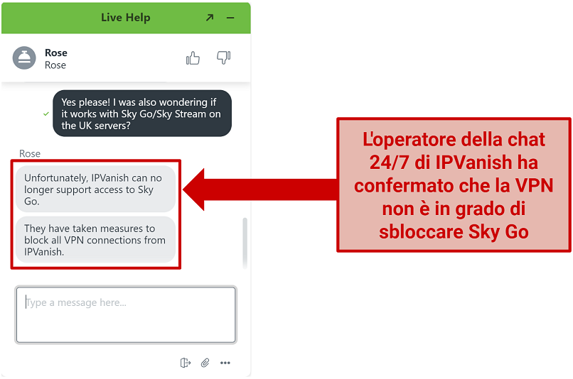 Screenshot of conversation with chat support confirming that IPVanish cannot unblock Sky Go