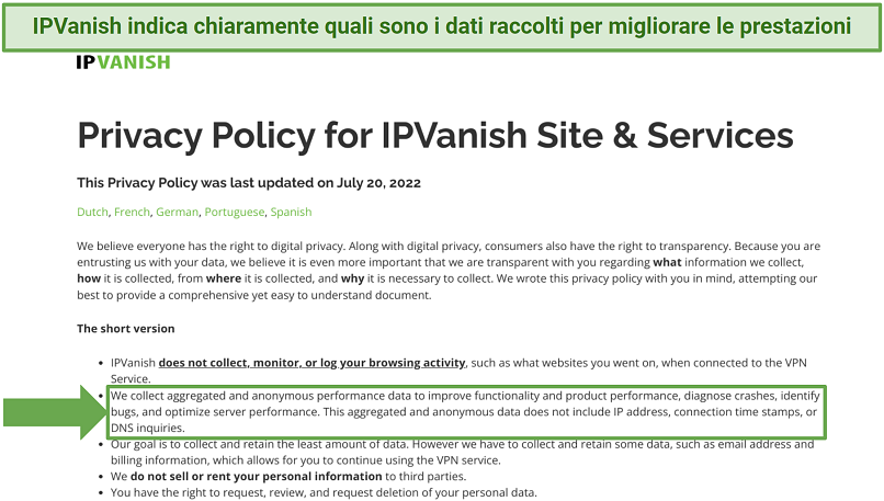 Screenshot of IPVanish's privacy policy explaining what data it collects