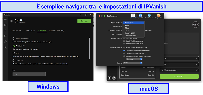 Screenshots of IPVanish's settings page on the Windows and macOS applications